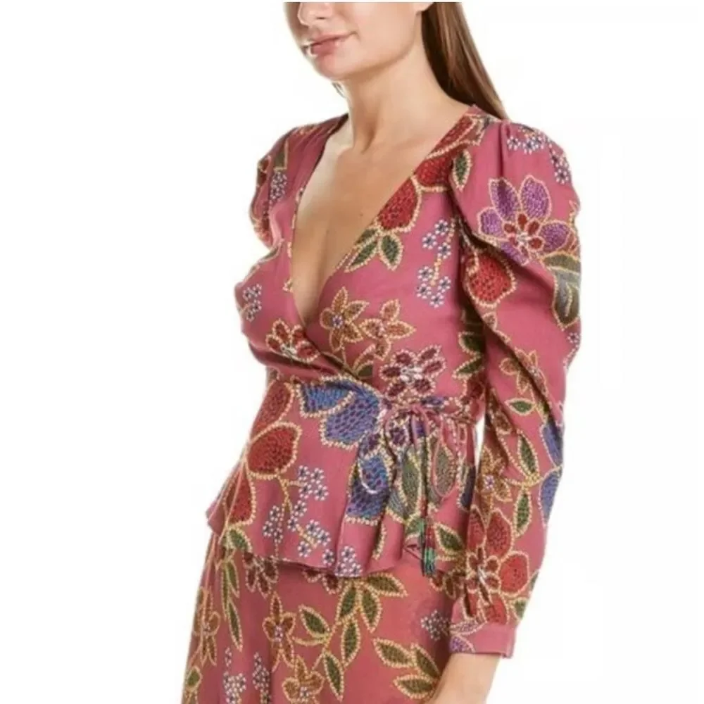 NEW Farm Rio Multicolor Floral Sequin V-Neck Long Puff Sleeve Wrap Blouse XS